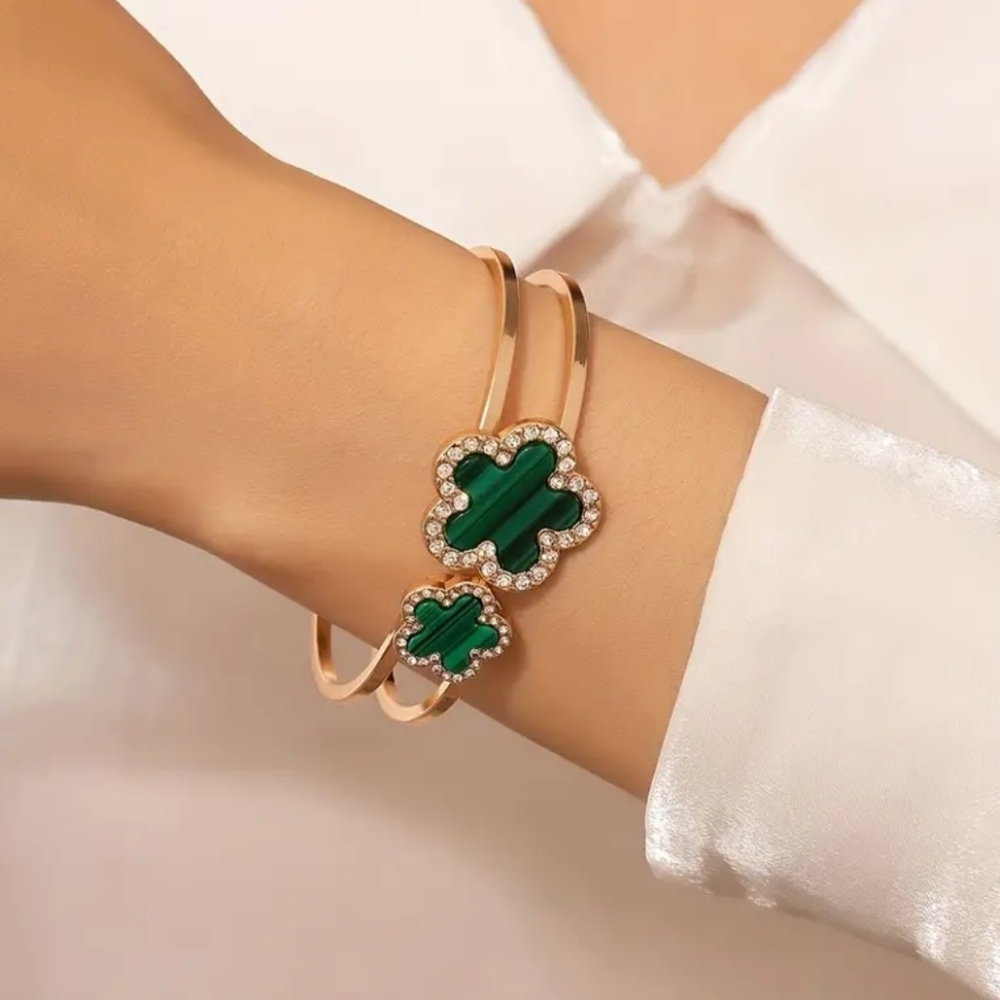 Green flower Rhinestone Cuff Bracelet